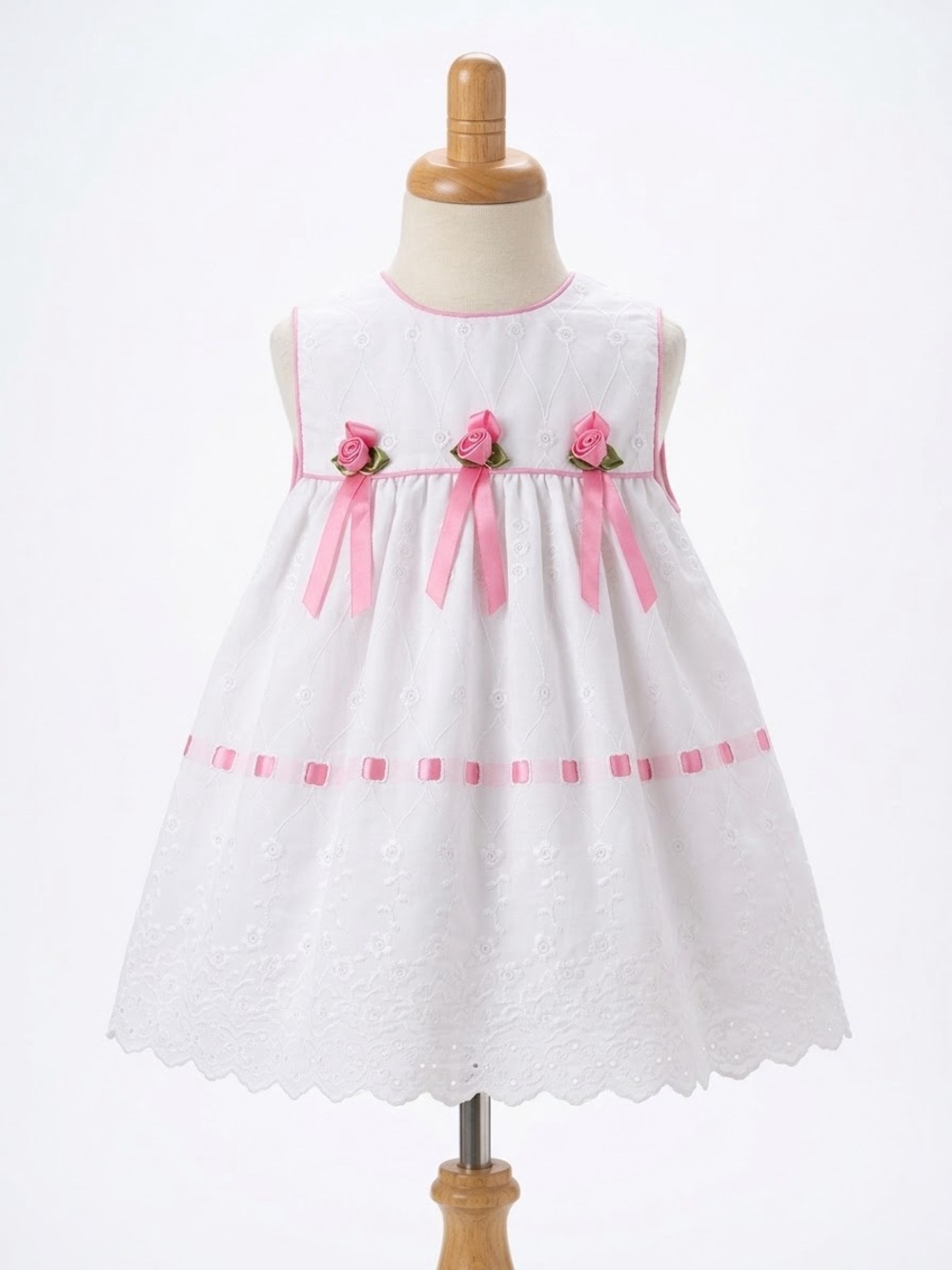 White and Pink Eyelet Flower Ribbon Dress for Girls